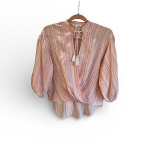 LOFT Pink Striped Blouse with Tassel Accents